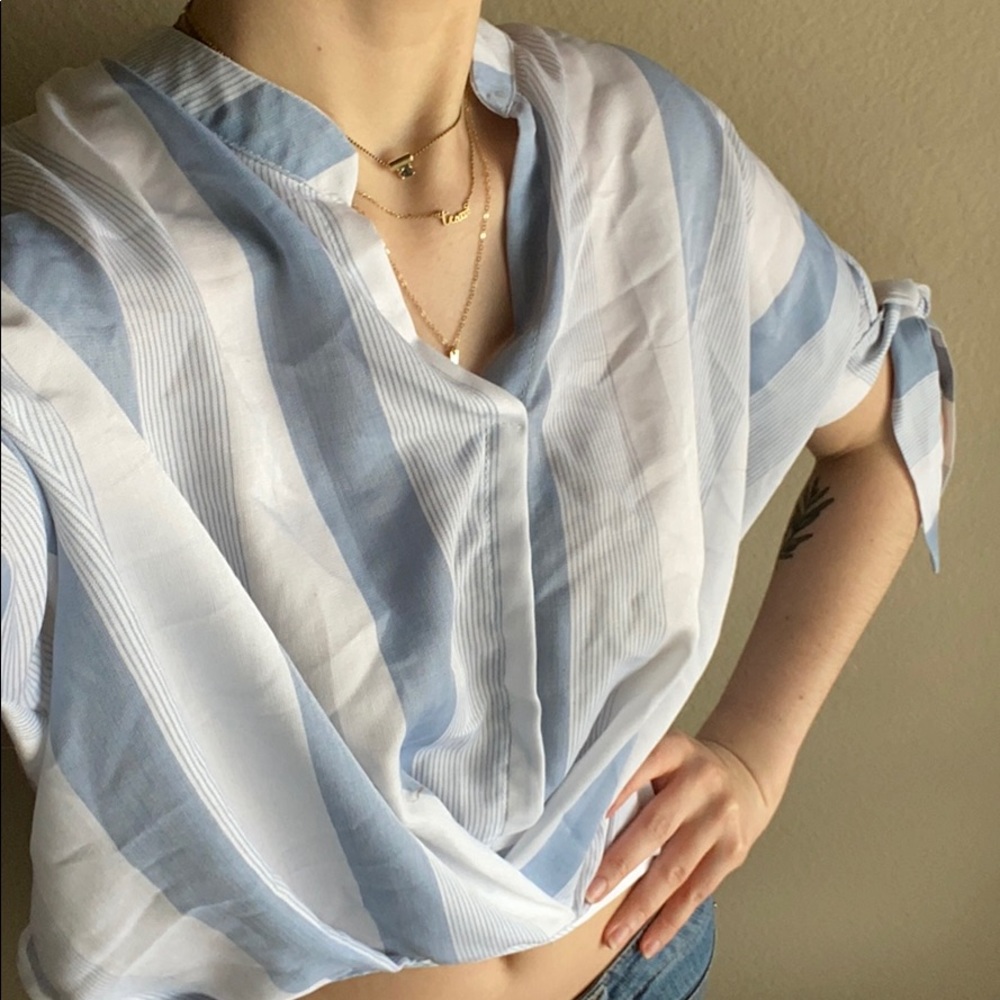 Blue & White Striped, Mandarin Collar Shirt 👕